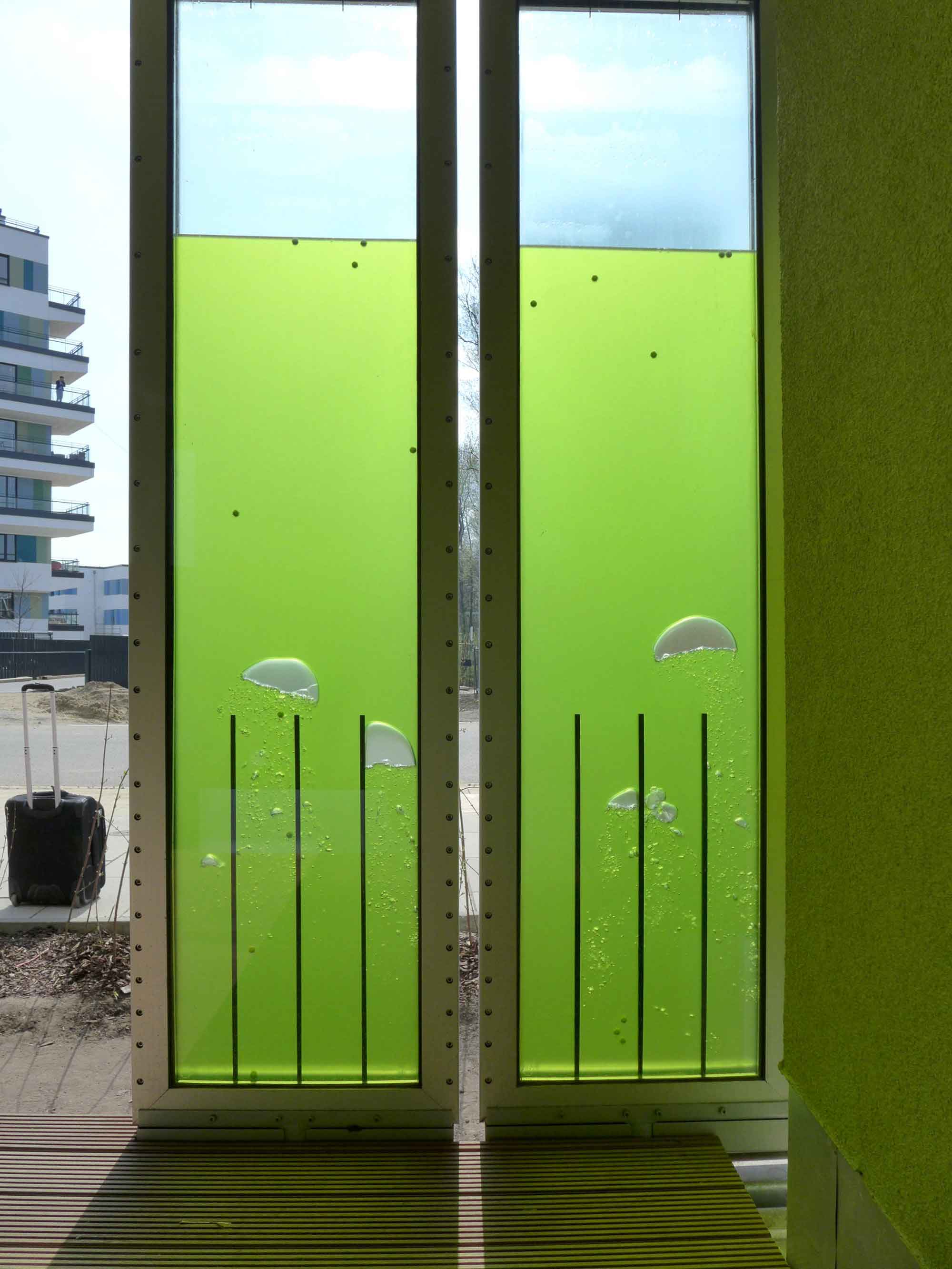 Solar leaf facade showing algae bio reactor panel
