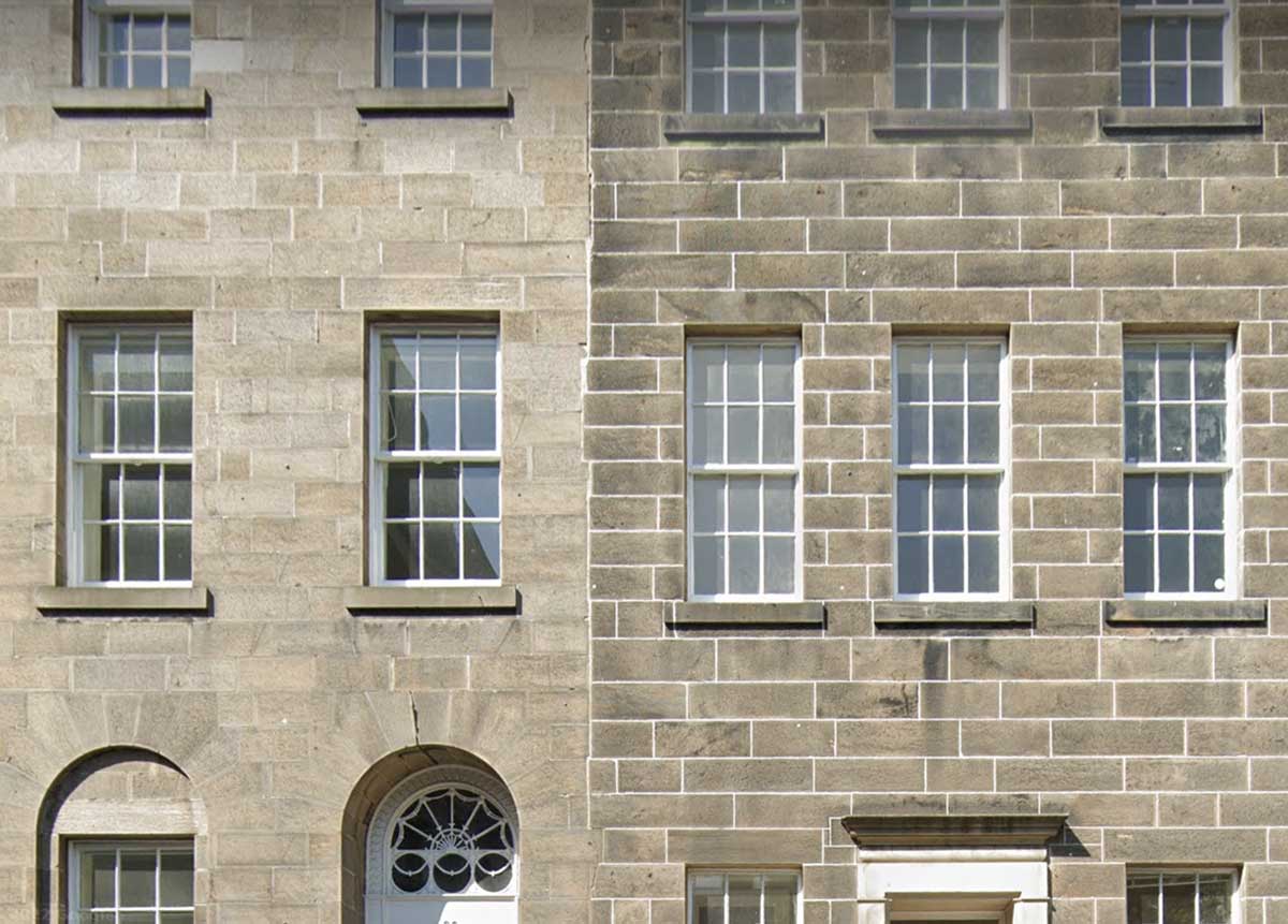 Smooth ashlar stonework thin joint mortar repairs contrasting colour