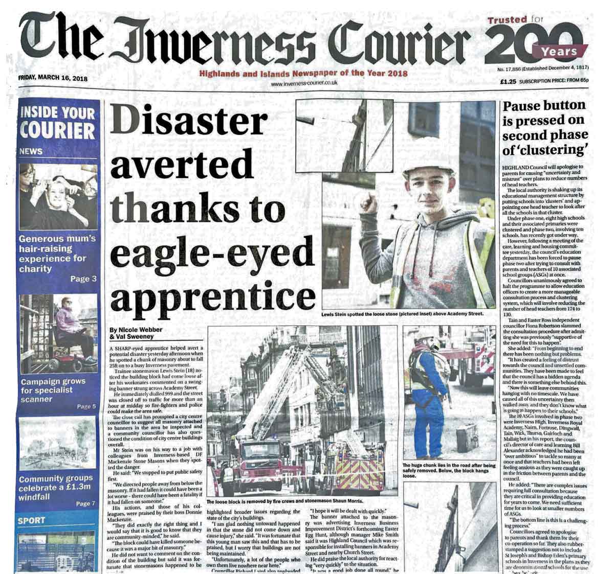 Inverness Courier Front Page reporting damage to historic architecture in the Highland Capital